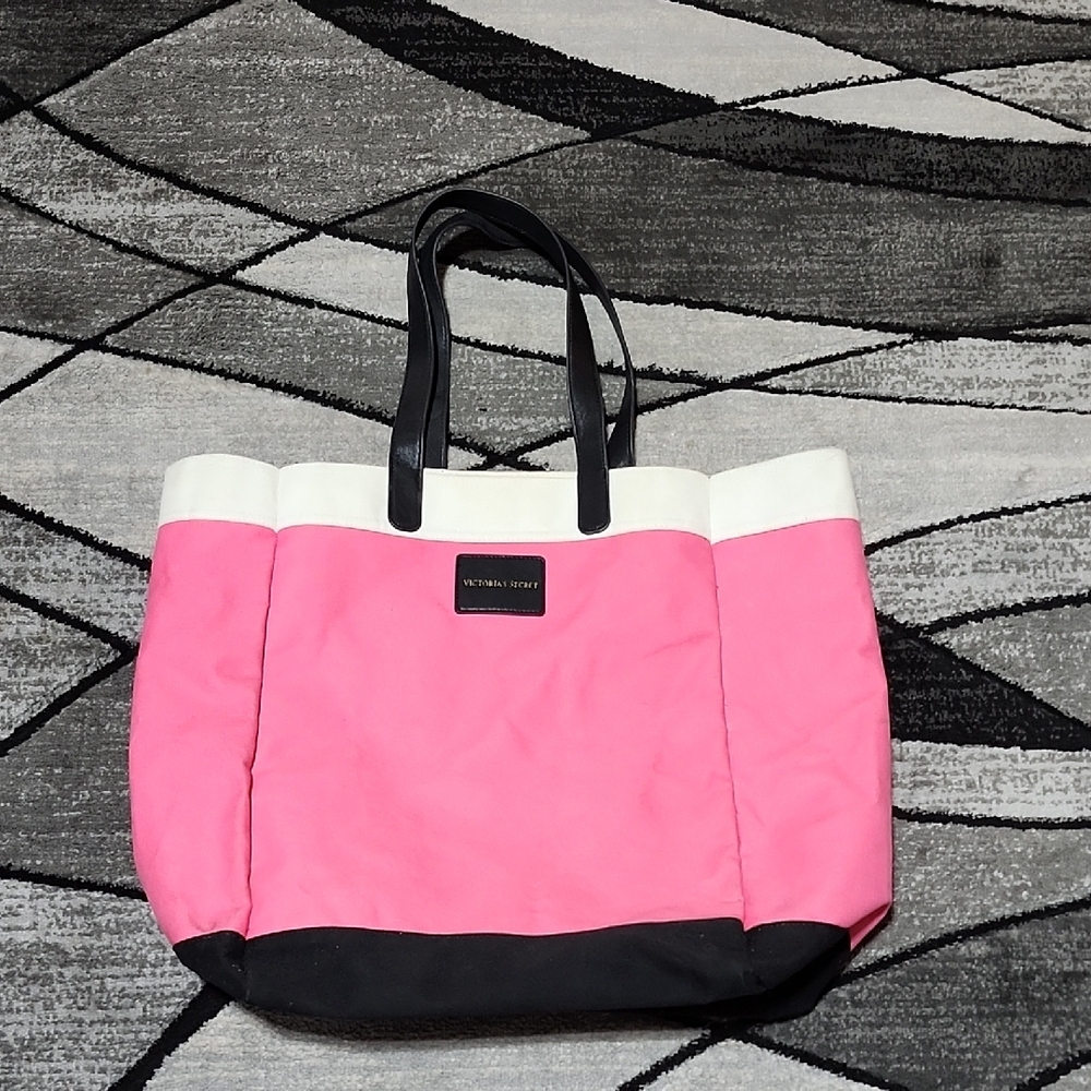 VICTORIA SECRET 2014 LARGE PINK CANVAS FAUX-LEATHER STRAPS COATED TOTE-BAG - Picture 1 of 12